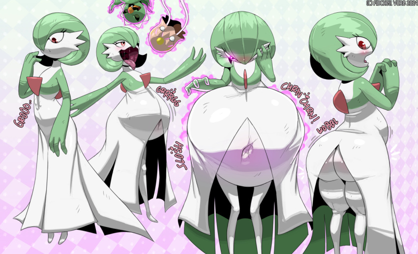 belly big_belly blush butt butt_expansion capsakid expansion female fidchellvore gardevoir generation_3_pokemon generation_9_pokemon green_body green_hair group hair huge_belly humanoid hungry navel nintendo open_mouth oral_vore pokemon pokemon_(species) psychic_powers red_eyes rumbling_stomach solo_focus toedscool trio vore white_body