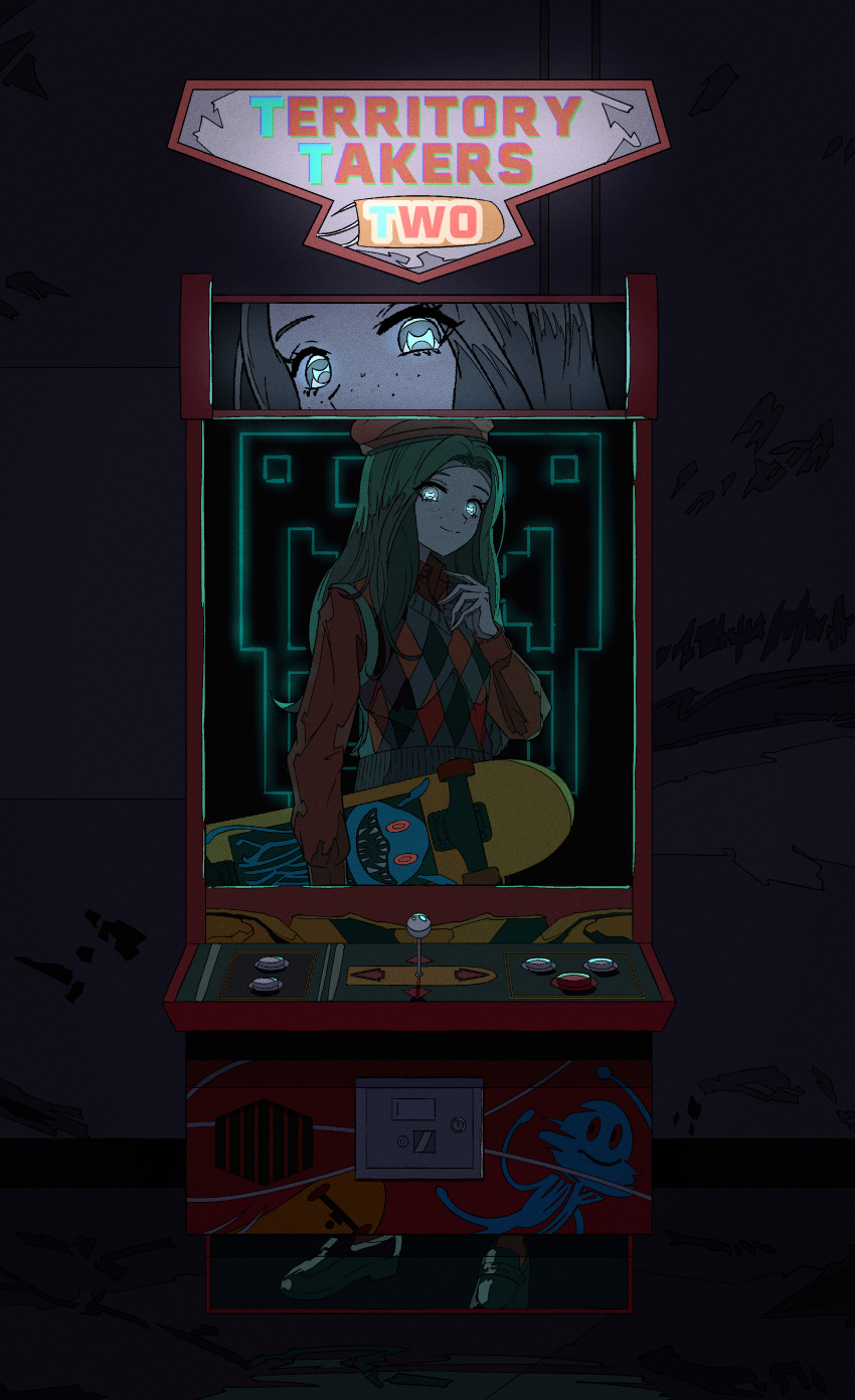 1girl absurdres arcade_cabinet beret blue_eyes brown_hair dark dark_background glowing glowing_eyes grey_vest hand_up hat highres holding holding_skateboard long_hair long_sleeves looking_at_viewer natsugu72 red_hat red_shirt reverse:1999 shirt skateboard smile solo sweater_vest ttt_(reverse:1999) upper_body vest video_game