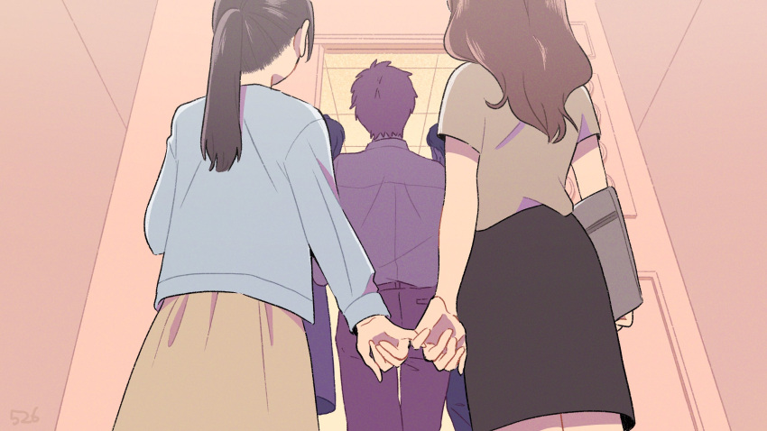 2boys 3girls blue_shirt brown_hair brown_shirt brown_skirt commentary_request elevator from_behind hashtag-only_commentary highres holding holding_hands indoors kojiro337 long_hair multiple_boys multiple_girls original pants ponytail shirt short_hair short_sleeves skirt yuri