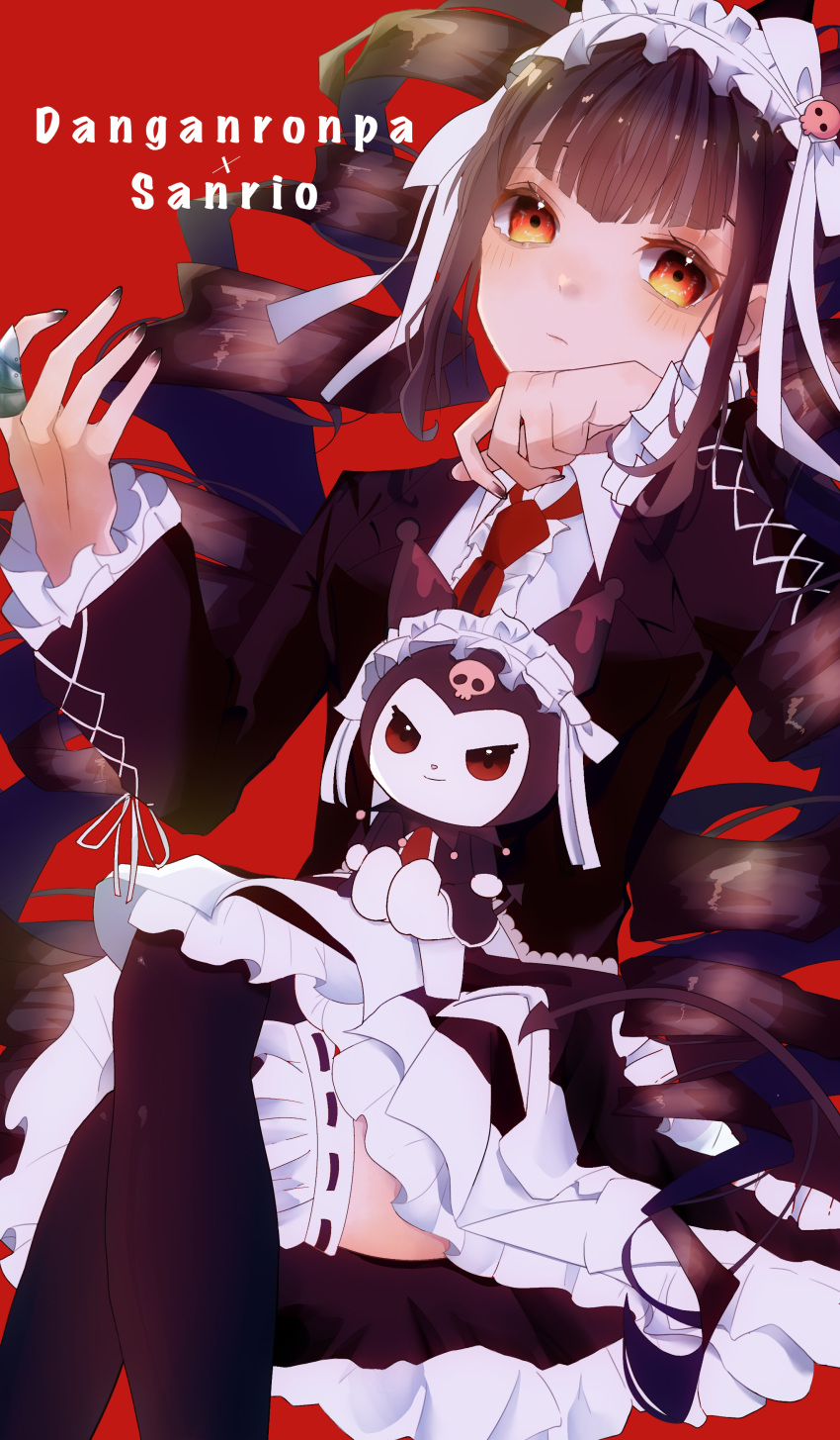 1girl absurdres bangs black_hair black_jacket black_skirt blush bonnet brown_eyes brown_hair celestia_ludenberg center_frills chai_(chai_dnrn) claw_ring commentary_request crossed_legs crossover danganronpa:_trigger_happy_havoc danganronpa_(series) drill_hair feet_out_of_frame frills gothic_lolita highres jacket kuromi layered_skirt lolita_fashion long_hair long_sleeves looking_at_viewer nail_polish necktie onegai_my_melody over-kneehighs red_background red_eyes red_nails red_necktie ribbon-trimmed_legwear ribbon_trim simple_background skirt thighhighs twin_drills twintails