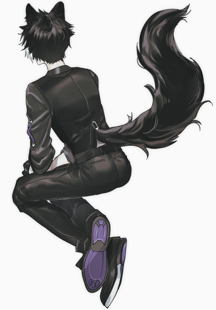 1boy animal_ear_fluff animal_ears ass belt black_gloves black_hair black_pants black_shirt black_vest blood blood_on_arm colored_shoe_soles crossed_ankles facing_away from_behind full_body gloves highres holostars invisible_chair jackal_boy jackal_ears jackal_tail kageyama_shien male_focus momiage_40 multicolored_hair pants shirt shoes short_hair simple_background sitting solo streaked_hair vest virtual_youtuber white_background white_hair