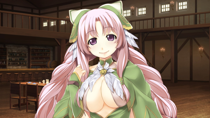 1girl atelier-moo braid breasts cleavage closed_mouth curtained_hair dress highres large_breasts long_hair long_sleeves looking_at_viewer narrow_waist nina_lazydaisy pink_eyes pink_hair ribbon smile solo standing tavern twin_braids upper_body very_long_hair wizards_symphony