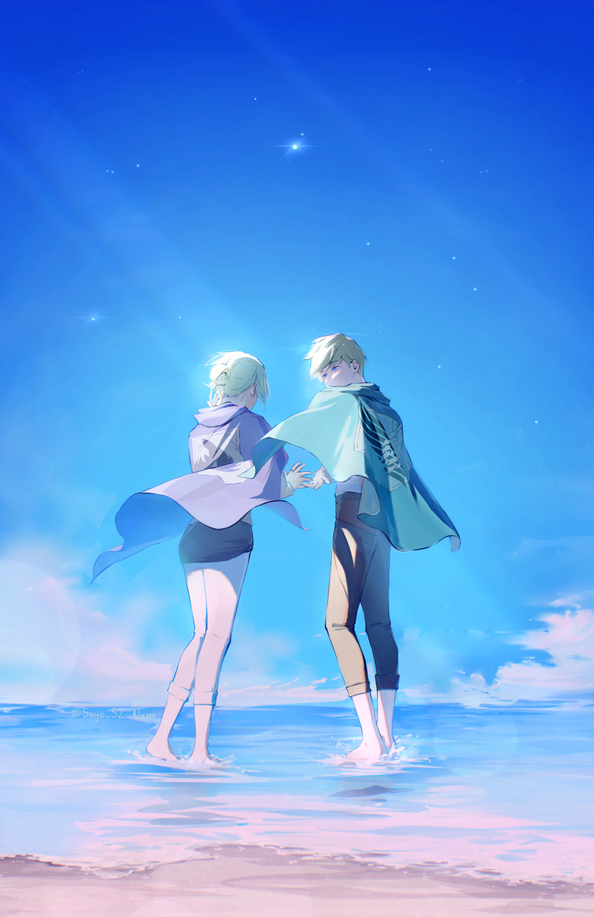 1boy 1girl absurdres annie_leonhart armin_arlert beach blonde_hair blue_eyes blue_sky brown_pants cape cloud commentary_request day highres long_sleeves looking_at_another ocean outdoors pants sand sayo_nara_drawing shingeki_no_kyojin sky sunlight water white_pants