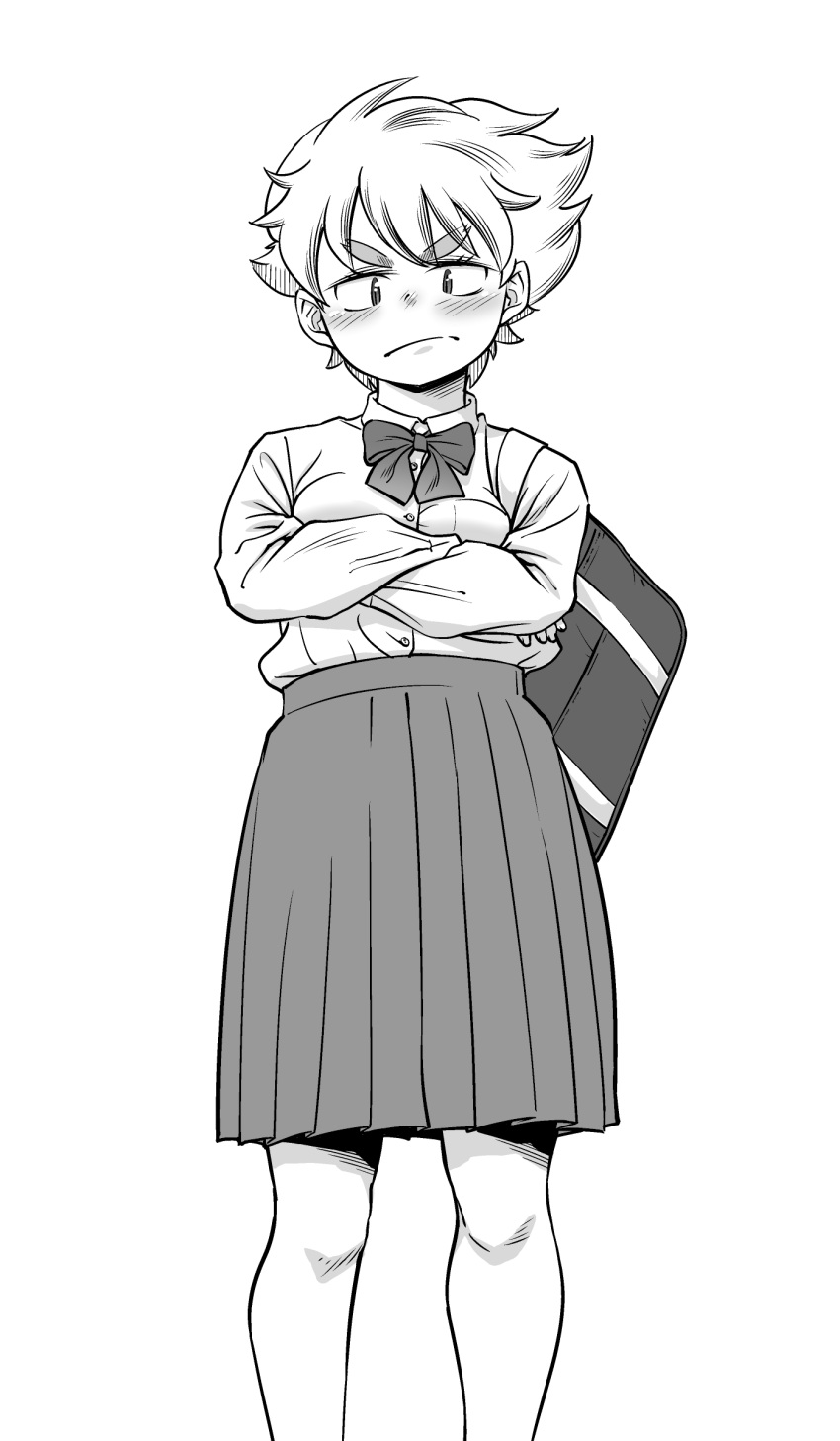 1girl absurdres bag blush bow bowtie breast_press buttons crossed_arms frown greyscale highres long_sleeves meshishima_george monochrome original pleated_skirt school_bag shirt_tucked_in short_hair skirt solo standing thick_eyebrows tomboy v-shaped_eyebrows