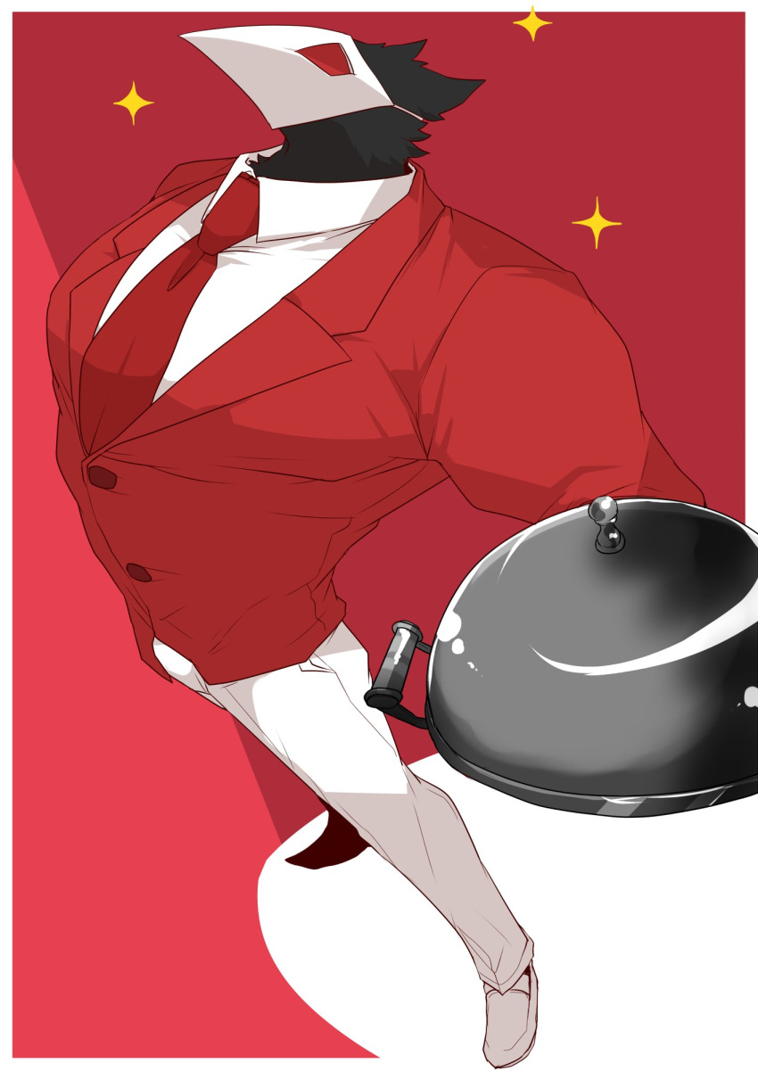 1boy bird butler commentary deltarune english_commentary formal furry highres holding holding_tray jacket mask necktie pants red_background red_eyes red_jacket red_necktie red_suit shishiko_(dlion0000) sparkle suit swatchling_(deltarune) tray white_mask white_pants