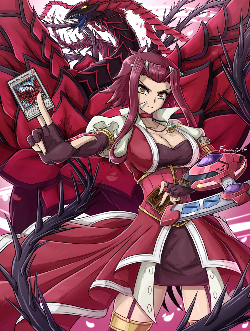 1girl artist_name black_rose_dragon breasts card choker cleavage collarbone cowboy_shot dragon dress duel_disk fgsketch fingerless_gloves garter_straps gloves glowing_tattoo highres holding holding_card izayoi_aki large_breasts long_hair looking_at_viewer petals red_choker red_dress red_hair sharp_teeth spikes teeth trading_card yellow_eyes yu-gi-oh! yu-gi-oh!_5d's