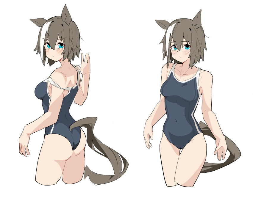 1girl animal_ears breasts cheval_grand_(umamusume) collarbone competition_school_swimsuit covered_navel cropped_legs grey_hair grey_one-piece_swimsuit highres horse_ears horse_girl horse_tail medium_breasts multicolored_hair multiple_views one-piece_swimsuit school_swimsuit short_hair simple_background standing streaked_hair swimsuit tail tami2004 thigh_gap two-tone_hair umamusume white_background white_hair