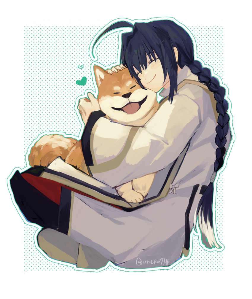 1other absurdres ahoge androgynous animal animal_hug black_hair braid braided_ponytail closed_eyes dog fate/samurai_remnant fate_(series) hair_intakes highres holding holding_animal holding_dog japanese_clothes long_braid long_hair petting shiba_inu sidelocks sitting smile urtk07 yamato_takeru_(fate)