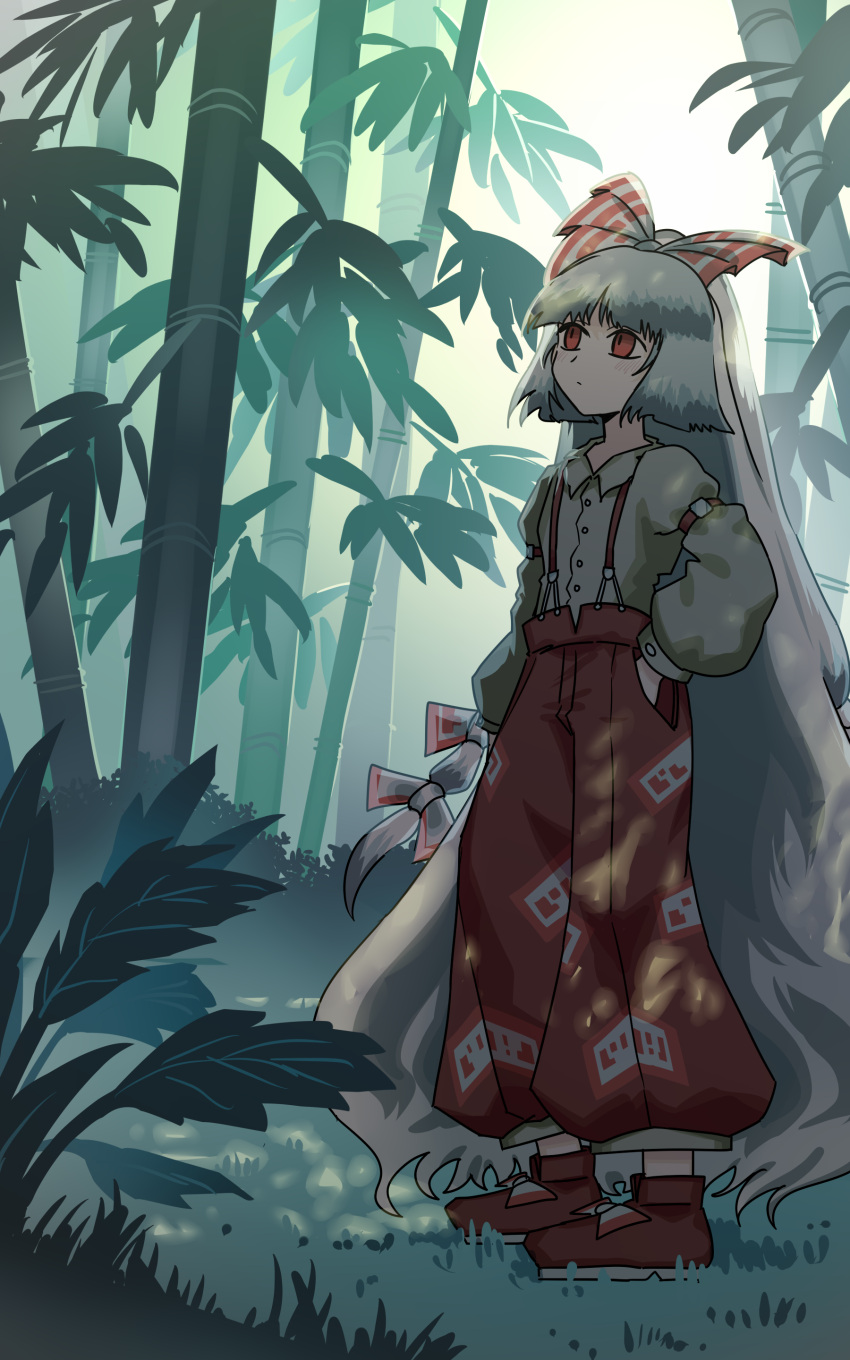 1girl absurdres bamboo bamboo_forest bow collared_shirt commentary_request foliage footwear_bow forest fujiwara_no_mokou grey_hair hair_bow hand_in_pocket highres ichirugi light_blush long_hair long_sleeves nature ofuda ofuda_on_clothes outdoors pants partial_commentary red_eyes red_pants shirt sleeve_garter solo suspenders touhou very_long_hair