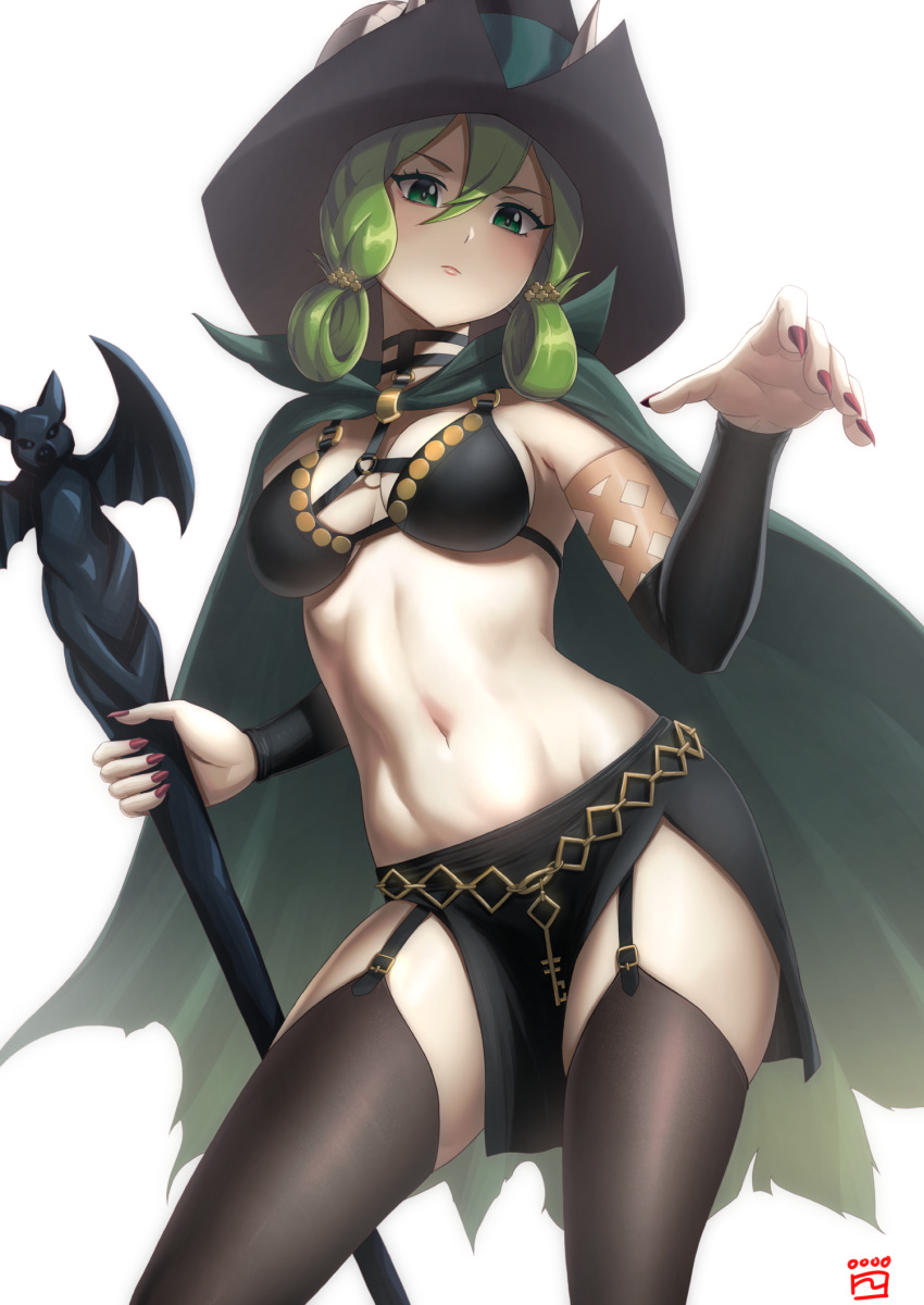 1girl arm_warmers bikini black_bikini black_choker black_skirt black_thighhighs breasts choker cleavage cloak closed_mouth commentary_request cowboy_shot fake_horns finalcake folded_hair garter_straps green_cloak green_eyes green_hair groin hair_between_eyes hat highres holding holding_staff horned_hat horned_headwear horns key long_hair looking_at_viewer medium_breasts midriff navel no_freckles o-ring_strap partial_commentary red_nails side_slit sidelocks signature simple_background skindentation skirt solo staff standing swimsuit thighhighs unicorn_overlord white_background witch_hat yahna_(unicorn_overlord)