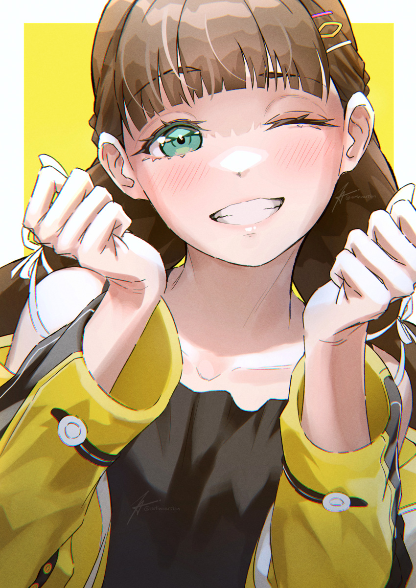 1girl absurdres birthday blunt_bangs blush brown_hair collarbone commentary green_eyes grin highres long_hair looking_at_viewer love_live! love_live!_superstar!! low_twintails notinversion sakurakoji_kinako signature smile solo twintails twitter_username upper_body