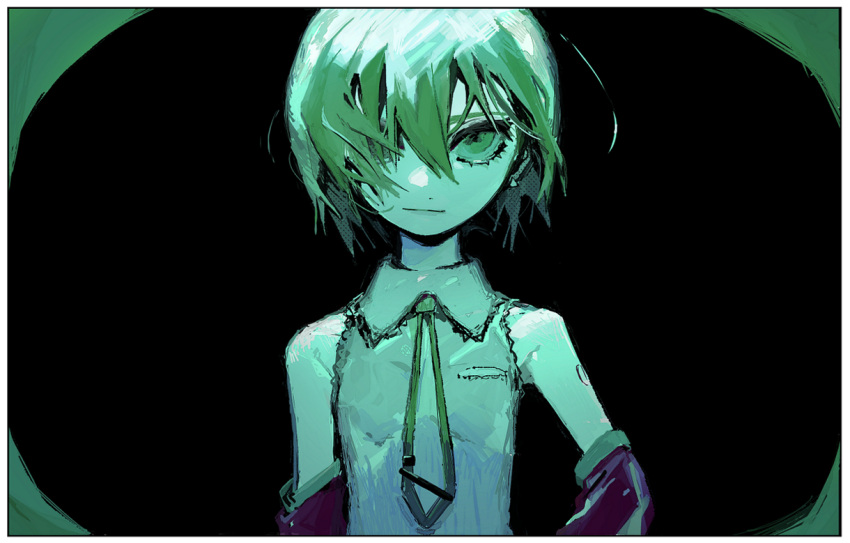 1girl bare_shoulders black_background commentary_request detached_sleeves earrings green_eyes green_hair green_necktie green_theme grey_shirt hair_over_one_eye hatsune_miku jewelry long_hair looking_at_viewer mawarusanso necktie shirt simple_background solo twintails vocaloid