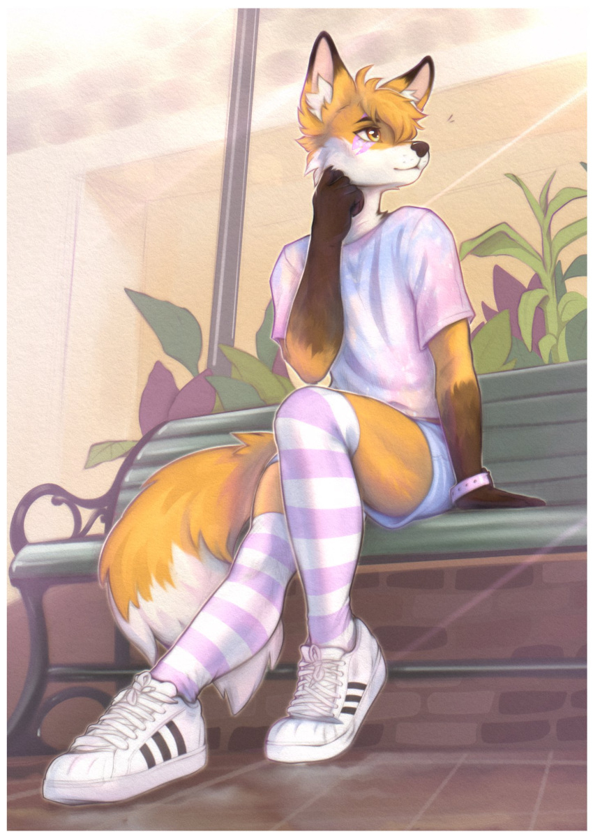 anthro bench canid canine clock clothing footwear fox fur hair head_on_hand hi_res legwear looking_aside male mammal multicolored_body multicolored_fur orange_body orange_eyes orange_fur orange_hair outside park_bench pattern_clothing pattern_legwear pattern_thigh_highs plant shoes sitting solo striped_clothing striped_legwear striped_thigh_highs stripes thigh_highs two_tone_body two_tone_fur watch white_body white_fur window wristwatch yshanii