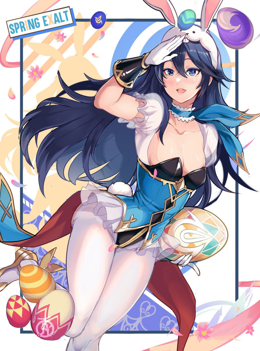 1girl animal_ears blue_eyes blue_hair blue_leotard blush breasts cleavage collarbone commentary easter_egg egg english_commentary english_text fake_animal_ears fake_tail fire_emblem fire_emblem_awakening fire_emblem_heroes floating_hair gloves gold_trim hair_between_eyes highres leotard long_hair looking_at_viewer lucina_(fire_emblem) lucina_(spring)_(fire_emblem) official_alternate_costume pantyhose playboy_bunny rabbit_ears rabbit_tail revolverwing small_breasts smile solo tail white_gloves white_pantyhose