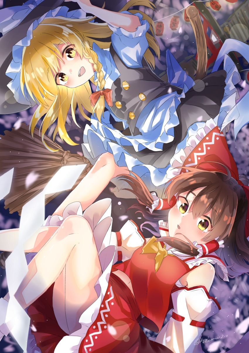 2girls apron ascot black_vest blonde_hair blurry bow braid broom brown_eyes brown_hair depth_of_field detached_sleeves falling_petals frilled_bow frilled_hair_tubes frills hair_bow hair_tubes hakurei_reimu hasumi_suzuna hat hat_bow highres kirisame_marisa long_hair multiple_girls open_mouth petals pink_petals red_bow red_skirt ribbon-trimmed_sleeves ribbon_trim side_braid single_braid skirt skirt_set smile touhou twitter_username vest waist_apron white_apron white_bow witch_hat yellow_ascot yellow_eyes