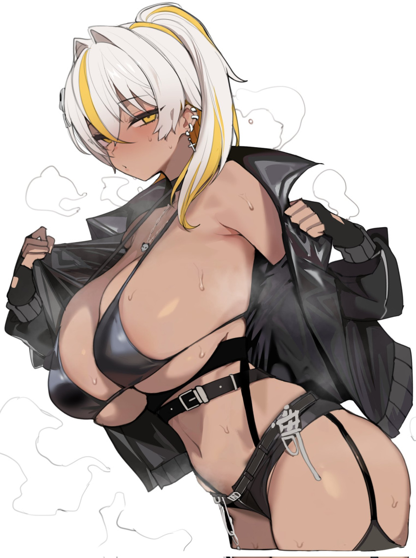 1girl artist_request bikini black_bikini black_gloves black_jacket black_shorts black_thighhighs blonde_hair blush breasts breath cowboy_shot cross cross_earrings dark-skinned_female dark_skin ear_piercing earrings fingerless_gloves from_side garter_straps gloves hair_intakes highres jacket jewelry korean_commentary large_breasts looking_at_viewer luvdia medium_hair micro_shorts multicolored_hair navel necklace off_shoulder open_clothes open_jacket park_dona piercing ponytail puckered_lips second-party_source shorts simple_background solo standing steaming_body streaked_hair string_bikini sweat swimsuit thighhighs two-tone_hair underbust virtual_youtuber white_background white_hair yellow_eyes