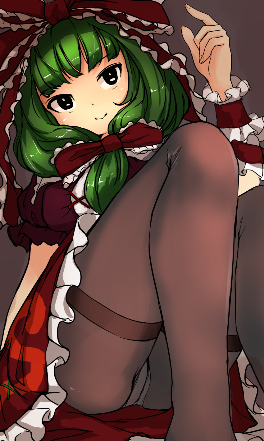 1girl absurdres arm_ribbon black_pantyhose blunt_bangs bow commission dress frilled_bow frilled_dress frilled_ribbon frills front_ponytail green_hair hair_bow hair_ribbon highres kagiyama_hina medium_hair no_shoes pantyhose pixiv_commission puffy_short_sleeves puffy_sleeves red_bow red_dress red_ribbon ribbon scottie0521 short_sleeves sitting smile solo thighs touhou