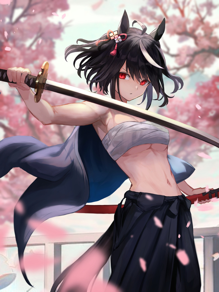 1girl ahoge animal_ears bandages bandeau bare_arms bare_shoulders black_hair black_hakama blurry blurry_background breasts cherry_blossoms chest_sarashi cleavage commentary_request cowboy_shot e_nnihql hakama highres holding holding_sword holding_weapon horse_ears japanese_clothes katana kitasan_black_(umamusume) looking_at_viewer midriff petals red_eyes sarashi scabbard sheath short_hair small_breasts solo standing strapless sword tube_top umamusume weapon