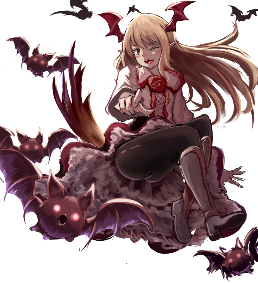 1girl animal bat black_legwear black_skirt blush boots brown_hair eyebrows_visible_through_hair fangs frilled_skirt frills glowing glowing_eyes head_wings highres light_brown_hair long_hair neckwear_request one_eye_closed open_mouth pantyhose pointing pointing_at_viewer pointy_ears red_eyes red_neckwear red_wings shingeki_no_bahamut siena_(moratoriummaga) simple_background skirt solo tail teeth upper_teeth vampire vampy white_background white_legwear wings