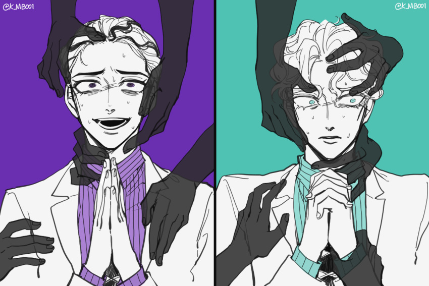 2boys aqua_shirt commentary_request diamond_wa_kudakenai dual_persona frown hair_slicked_back jojo_no_kimyou_na_bouken kawajiri_kosaku kira_yoshikage limited_palette male_focus multiple_boys necktie nervous_smile nervous_sweating open_mouth own_hands_clasped own_hands_together purple_shirt sempon_(doppio_note) shirt smile suit sweat twitter_username