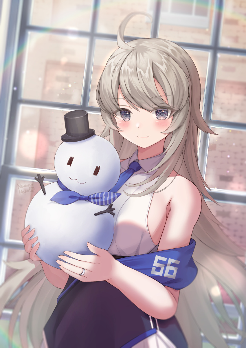 1girl ahoge blue_necktie breasts grey_eyes grey_hair hair_between_eyes highres holding_snowman jewelry kantai_collection large_breasts long_hair looking_at_viewer nazono_neko necktie ring smile snowman solo very_long_hair washington_(kancolle) wedding_ring