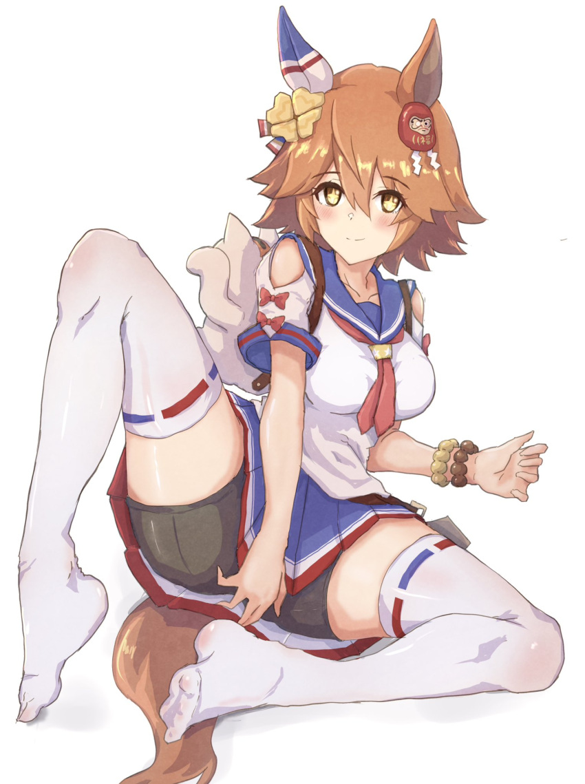 +_+ 1girl animal_ears backpack bag bare_shoulders bead_bracelet beads bike_shorts black_shorts blue_sailor_collar blue_skirt blush bracelet commentary_request ear_covers feet flipped_hair hair_between_eyes highres horse_ears horse_girl horse_tail jewelry maneki-neko matikanefukukitaru_(umamusume) neckerchief on_ground orange_hair red_neckerchief sailor_collar shirt short_hair short_sleeves shorts simple_background single_ear_cover skirt smile solo spread_legs taikihori tail thighhighs umamusume white_background white_shirt white_thighhighs yellow_eyes