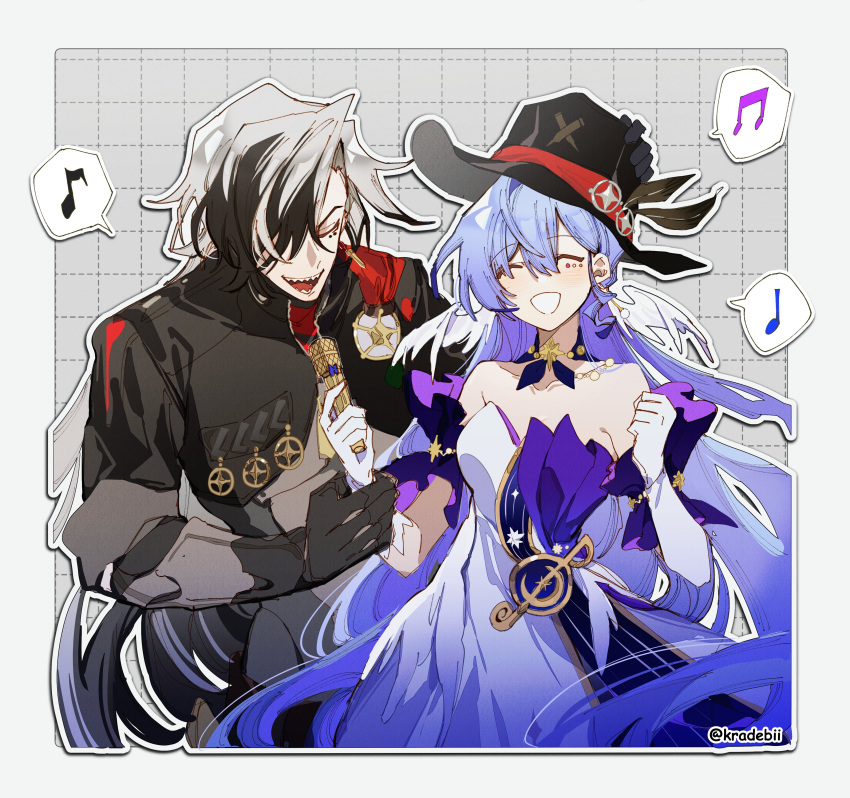 1boy 1girl absurdres badge bare_shoulders black_hair black_hat black_jacket blue_choker blue_hair boothill_(honkai:_star_rail) choker collarbone cowboy_hat cropped_jacket cyborg dress grid_background hat head_wings highres holding holding_microphone honkai:_star_rail honkai_(series) jacket jewelry kradebii long_hair microphone multicolored_hair music necklace open_mouth robin_(honkai:_star_rail) singing smile streaked_hair upper_body very_long_hair white_dress white_hair wings