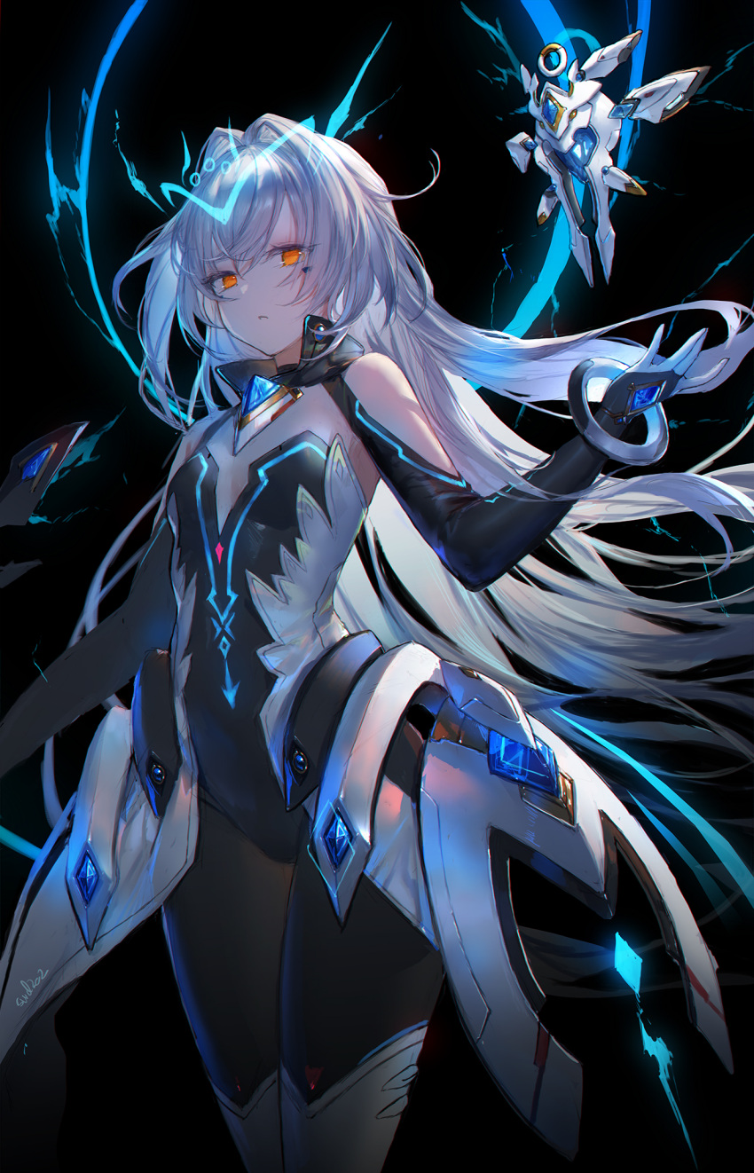 1girl android bangs bare_shoulders black_background black_bodysuit black_gloves black_legwear black_sleeves bodysuit breasts bridal_gauntlets cleavage clothing_cutout code:_sariel_(elsword) commentary detached_sleeves drone elbow_gloves electricity elsword empty_eyes english_commentary eve_(elsword) facial_mark floating floating_hair gem gloves hair_between_eyes hair_intakes half-closed_eyes highres jewelry long_hair looking_at_viewer moby_(elsword) pantyhose parted_lips remy_(elsword) robot shoulder_cutout shrug_(clothing) signature silver_hair sleeveless small_breasts strapless swd3e2 thighs very_long_hair yellow_eyes