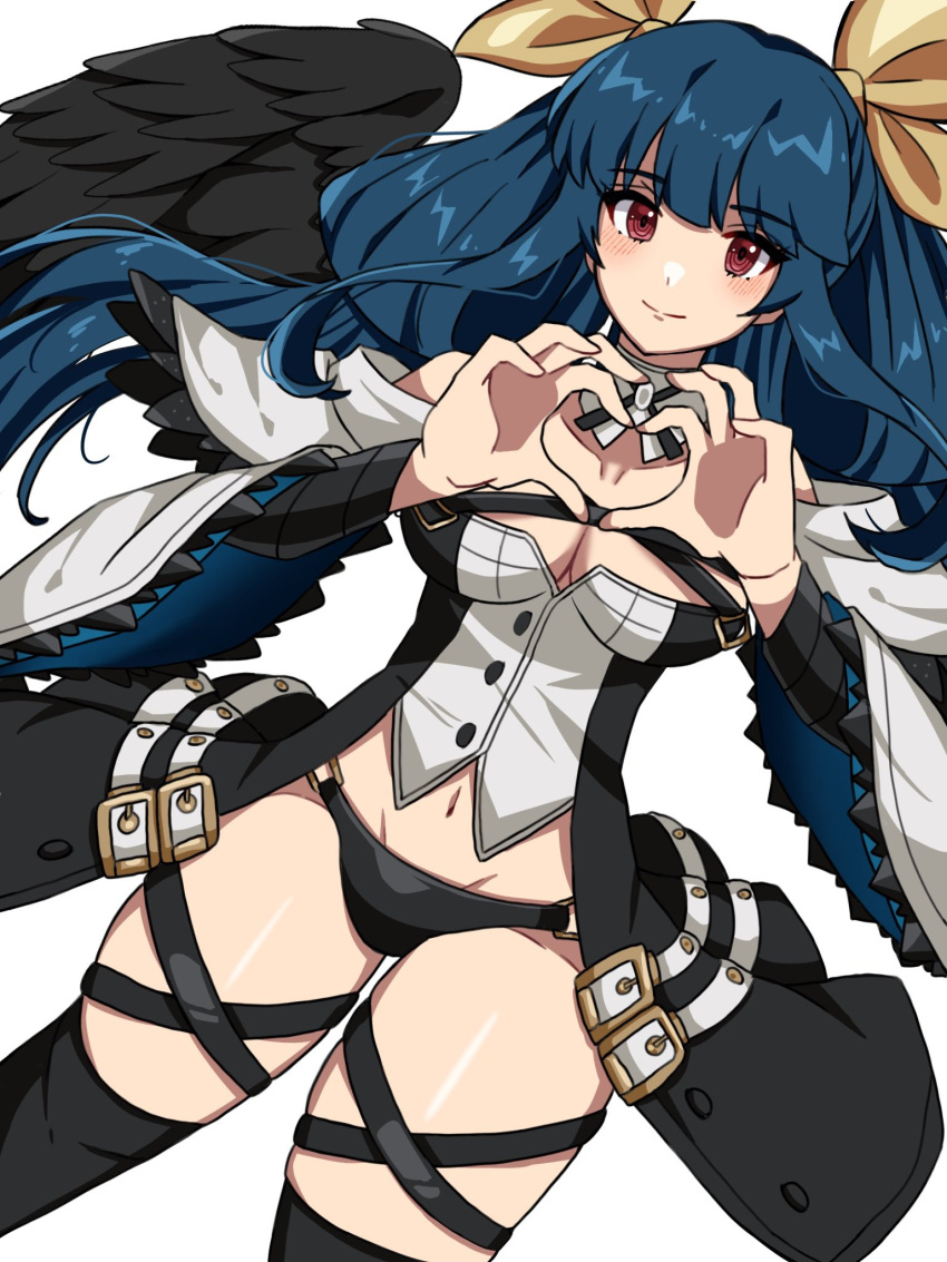1girl asymmetrical_wings black_panties black_thighhighs blue_hair breasts collarbone cropped_shirt detached_collar dizzy_(guilty_gear) dutch_angle feathered_wings guilty_gear guilty_gear_xrd heart heart_hands highres hina_co_330 looking_at_viewer navel panties red_eyes solo thigh_strap thighhighs thighs underwear white_background wide_sleeves wings