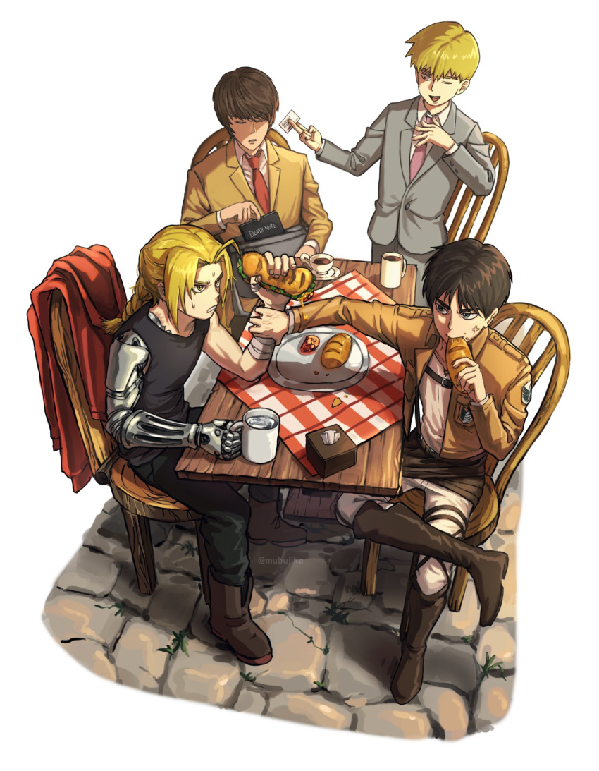 4boys anger_vein ankle_boots automail bandaged_arm bandages between_fingers biting black_hair black_pants black_tank_top blazer blonde_hair book boots braid braided_ponytail bread brown_footwear brown_jacket card chair cheese_trail closed_eyes coffee collared_shirt crossover cup death_note death_note_(object) eating edward_elric eren_yeager fighting food food_on_clothes food_on_face from_above fullmetal_alchemist giving grey_jacket grey_pants hand_up highres holding holding_book id_card jacket knee_boots korean_commentary long_sleeves male_focus mechanical_arms mob_psycho_100 mug multiple_boys multiple_crossover namo_(mubulike) necktie one_eye_closed outstretched_arm pants paradis_military_uniform pink_necktie prosthesis red_jacket red_necktie reigen_arataka sandwich saucer shingeki_no_kyojin shirt short_hair simple_background single_braid single_mechanical_arm sitting standing table tablecloth tank_top teacup tissue_box unworn_jacket water white_pants white_shirt wooden_table yagami_light yellow_background