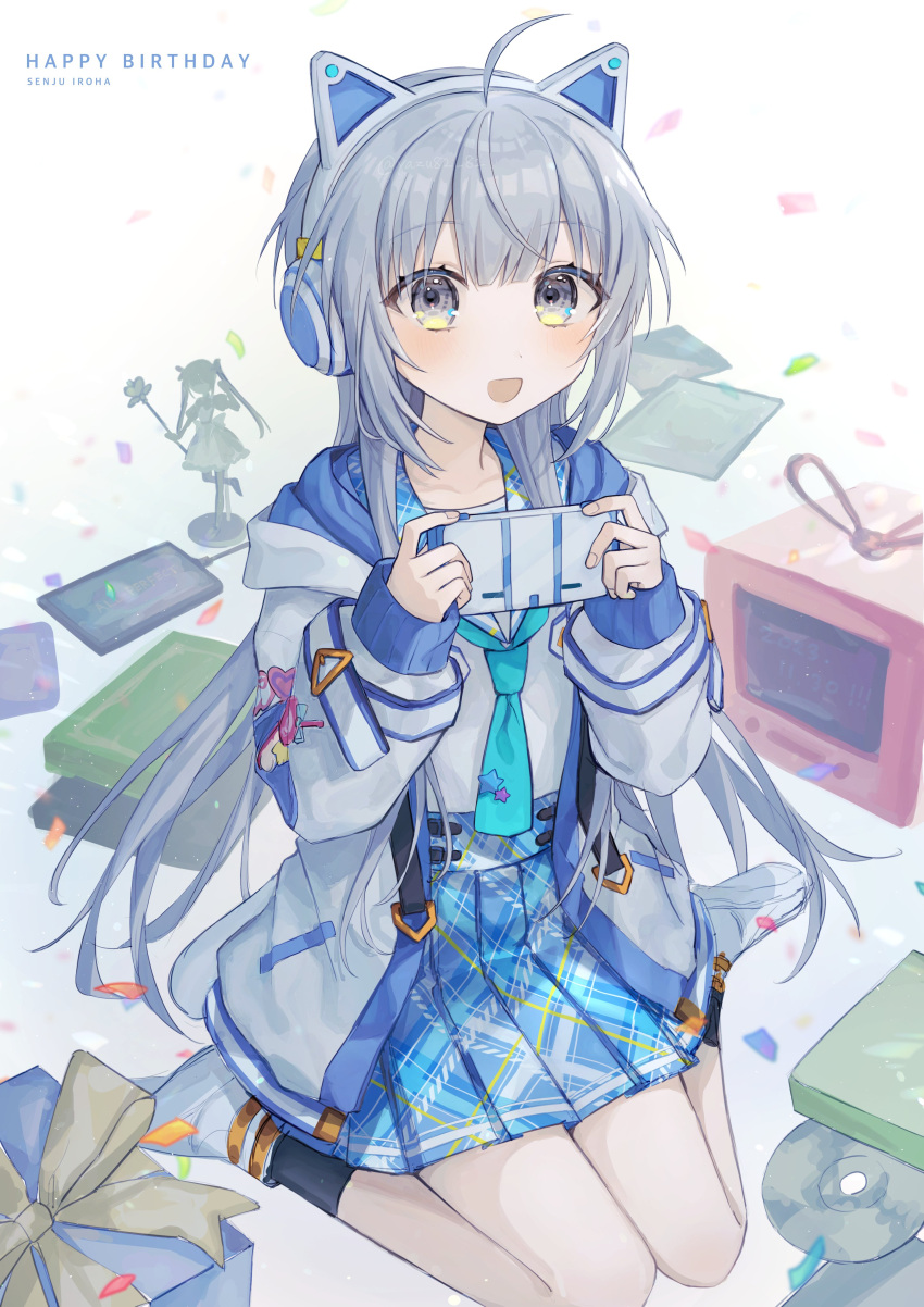 1girl :d absurdres ahoge animal_ear_headphones animal_ears ankle_socks black_eyes black_socks blue_necktie blue_sailor_collar blue_skirt blunt_bangs blush box cat_ear_headphones cat_ears character_name commentary_request confetti fake_animal_ears figure full_body gift gift_box grey_hair handheld_game_console hands_up happy_birthday headphones highres holding holding_handheld_game_console hood hood_down hooded_jacket jacket long_hair looking_at_viewer low_twintails multicolored_clothes multicolored_jacket necktie open_clothes open_jacket open_mouth plaid plaid_sailor_collar plaid_skirt pleated_skirt sailor_collar school_uniform senju_iroha serafuku shirt sidelocks sitting skirt smile socks solo tablet_pc television tie_clip twintails twitter_username two-tone_jacket very_long_hair wariza watermark white_background white_footwear white_headphones white_jacket white_shirt world_dai_star yazu82