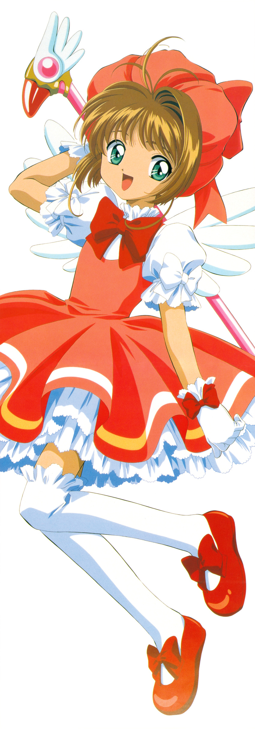 1girl absurdres bow brown_hair cardcaptor_sakura child happy highres holding holding_wand kinomoto_sakura magical_girl messy_hair official_art petticoat red_bow red_footwear short_hair simple_background solo wand white_background wings