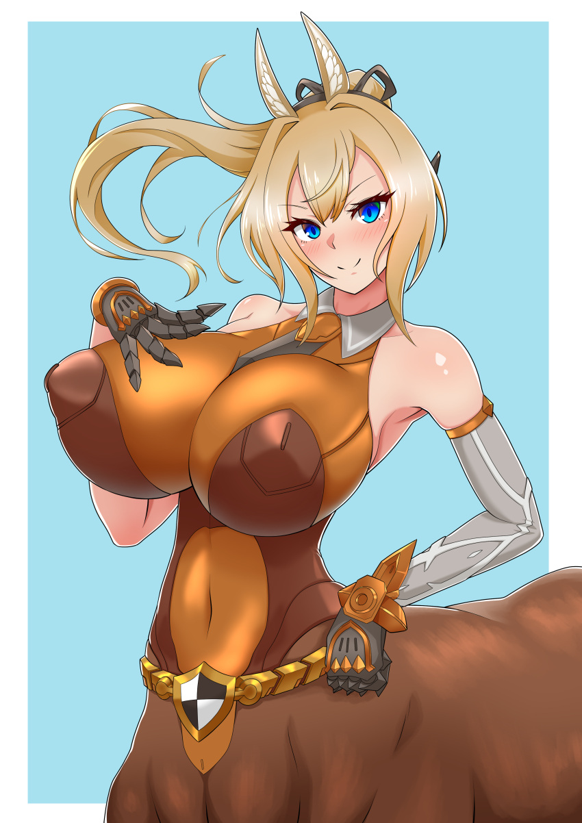 1girl absurdres adamis0108 animal_ears arcanadea armored_gloves armpits bare_shoulders black_gloves black_ribbon blonde_hair blue_background blue_eyes blush bodysuit border breasts brown_bodysuit centaur cleavage closed_mouth collarbone commentary_request covered_navel covered_nipples cowboy_shot detached_sleeves elena_(arcanadea) floating_hair gloves gold_belt grey_sleeves hair_between_eyes hair_ribbon hand_on_own_chest highres horse_ears impossible_bodysuit impossible_clothes large_breasts long_hair looking_at_viewer monster_girl partial_commentary ponytail ribbon see-through see-through_cleavage sidelocks single_detached_sleeve skindentation sleeveless sleeveless_bodysuit smile solo standing taur white_border wristlet