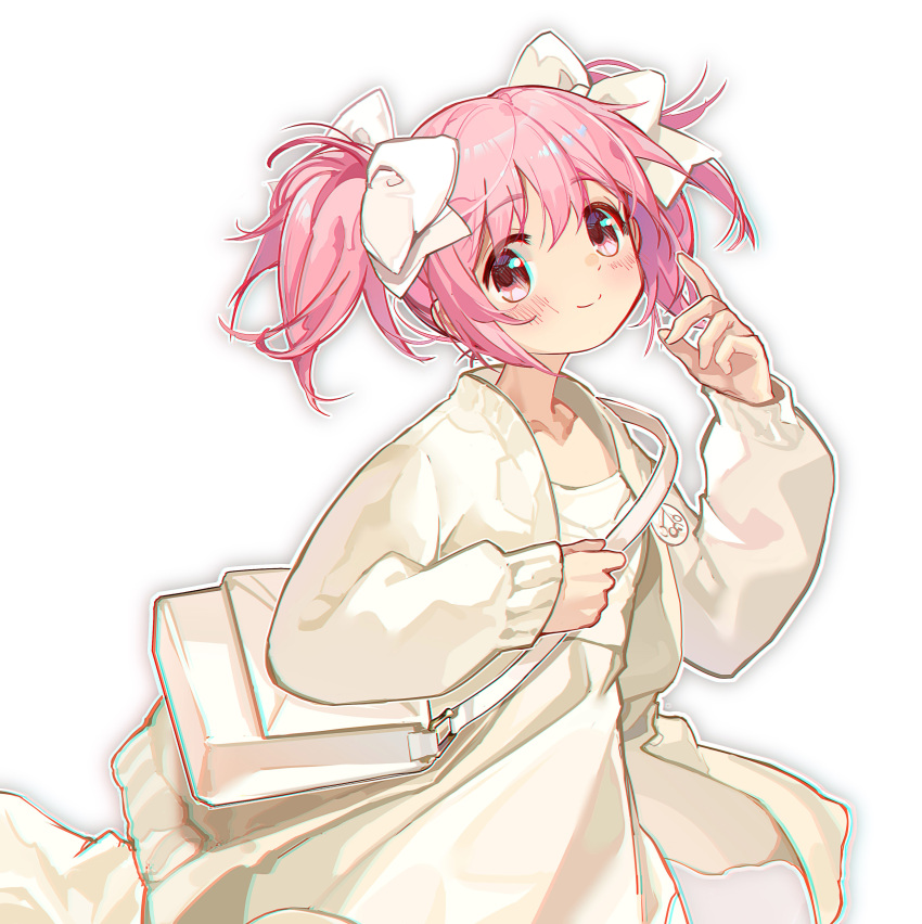 1girl absurdres bag blush bow chinese_commentary coat collarbone commentary_request cowboy_shot dress from_side hair_bow hand_up highres holding_strap index_finger_raised kaname_madoka long_sleeves looking_at_viewer mahou_shoujo_madoka_magica mahou_shoujo_madoka_magica_(anime) open_clothes open_coat outline pink_eyes pink_hair shan_tong_tong short_hair short_twintails shoulder_bag simple_background smile solo twintails upper_body white_background white_bow white_coat white_dress white_outline