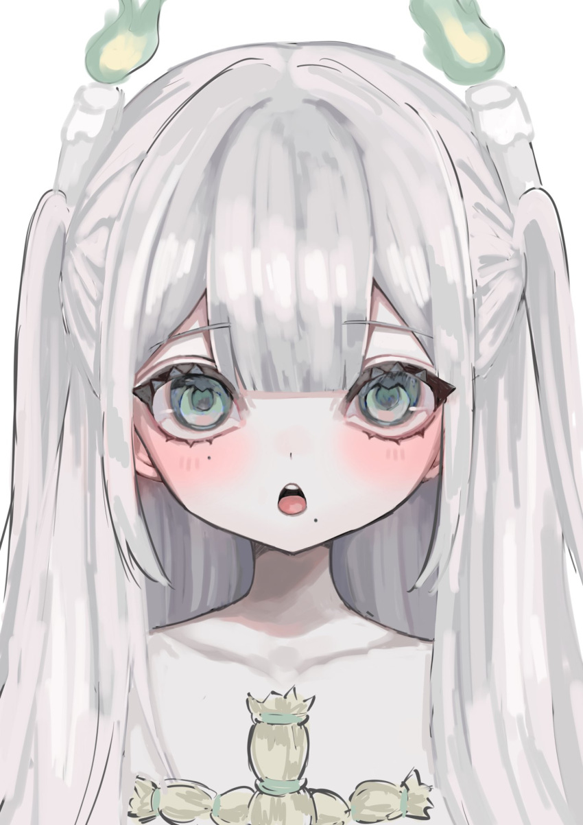 1girl blunt_bangs blush candle collarbone fire green_eyes green_fire grey_hair highres long_bangs long_hair looking_at_viewer mole mole_under_eye mole_under_mouth open_mouth original shiona_(siona0625) solo straight-on straight_hair straw_doll two_side_up upper_body white_background