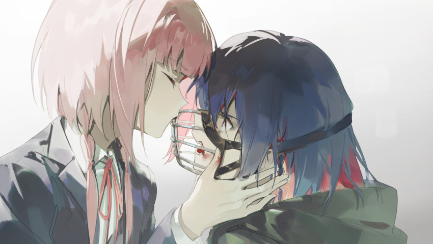 2girls absurdres blazer blood blood_on_face blood_on_hands blue_eyes blue_hair blue_jacket braid closed_eyes collared_shirt commentary facing_another fangs from_side glaring gradient_background grey_background hand_on_another's_face hand_up highres hood hood_down jacket kaf_(kamitsubaki_studio) kamitsubaki_studio kissing_object long_hair long_sleeves looking_at_another low_twintails multicolored_hair multiple_girls muzzle neck_ribbon open_mouth pink_hair profile red_hair red_ribbon ribbon rim_(kamitsubaki_studio) shirt twin_braids twintails two-tone_hair upper_body virtual_youtuber walluka white_shirt yuri