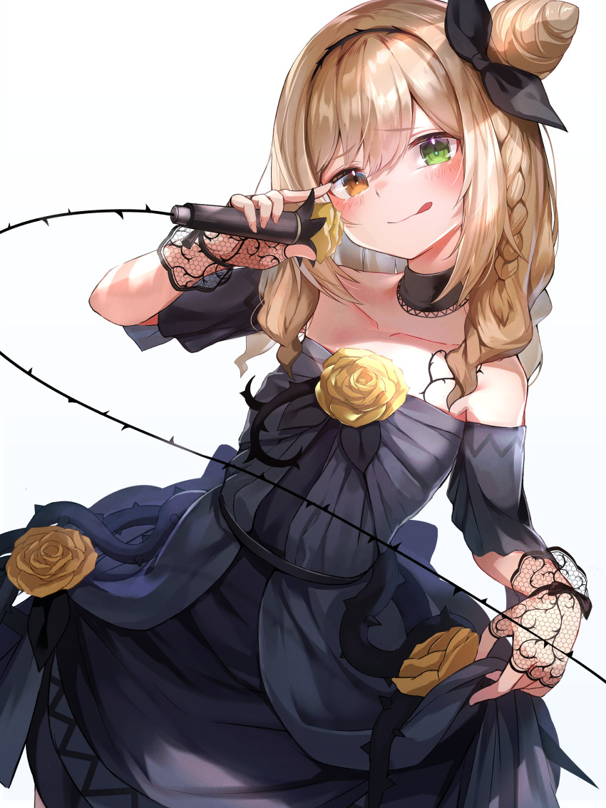 1girl :q absurdres alicecoco blonde_hair braid choker collarbone dress fingerless_gloves flower gloves green_eyes hair_ribbon heterochromia highres ibara_muan indie_virtual_youtuber licking_lips long_hair microphone ribbon simple_background solo tongue tongue_out virtual_youtuber white_background yellow_eyes