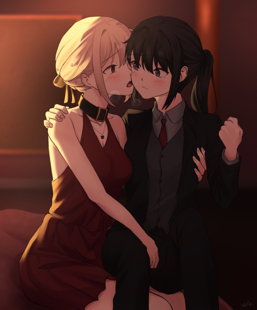 2girls absurdres beads black_hair black_jacket black_pants black_ribbon blonde_hair blush breasts chxoswolf cleavage closed_mouth collarbone collared_shirt commentary dress english_commentary grey_shirt grey_vest hair_beads hair_between_eyes hair_ornament hair_ribbon highres inoue_takina jacket jewelry long_hair long_sleeves looking_at_another lycoris_recoil medium_breasts multiple_girls necklace necktie nishikigi_chisato official_alternate_costume official_alternate_hairstyle open_clothes open_jacket open_mouth pants ponytail purple_eyes red_dress red_eyes red_necktie ribbon shirt short_hair sidelocks signature sitting sitting_on_lap sitting_on_person vest yuri
