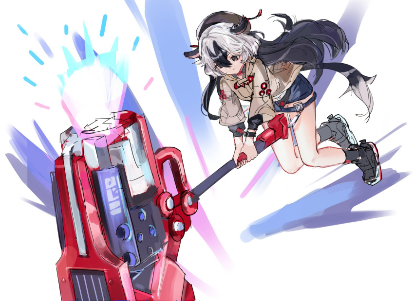 1girl animal_ears arin_(1010_ssu) black_eyes black_footwear black_hair black_socks blue_shorts brown_jacket closed_mouth coralie_(honkai_impact) dog_ears dog_girl dog_tail full_body grey_hair hammer highres holding holding_hammer honkai_(series) honkai_impact_3rd jacket long_hair long_sleeves multicolored_hair shirt shorts simple_background socks solo tail two-tone_hair white_shirt