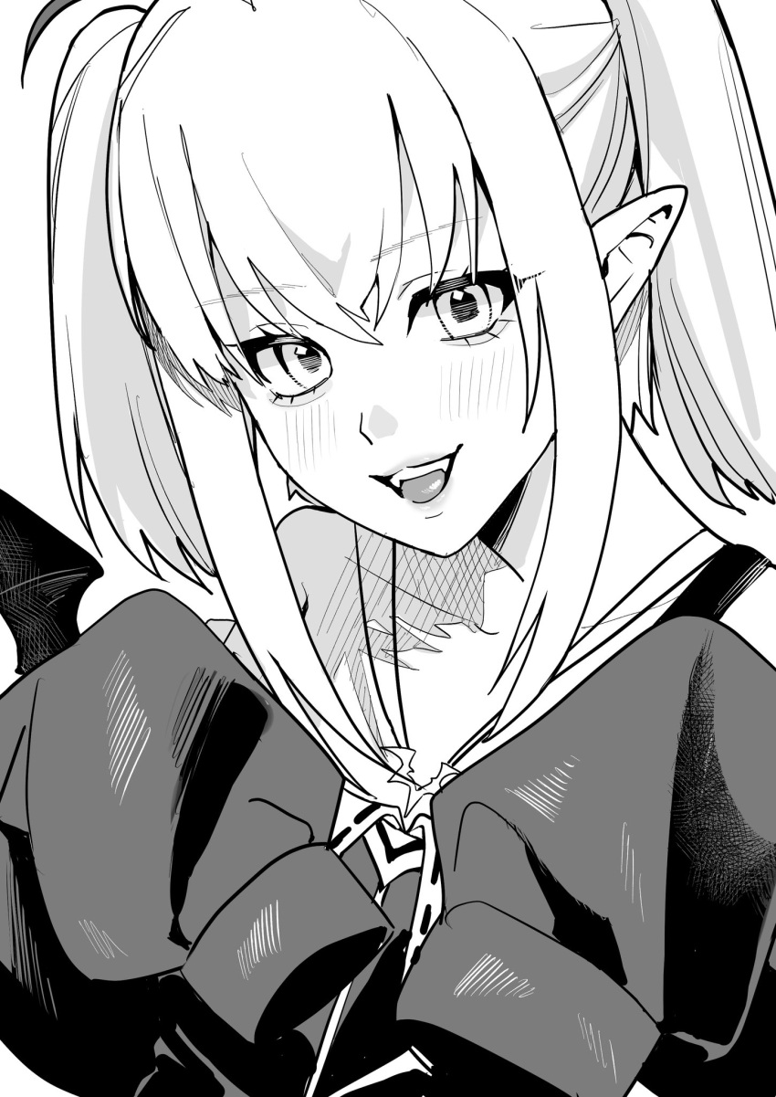 1girl betti_(maron) demon_wings greyscale highres looking_at_viewer makaino_ririmu monochrome nijisanji open_mouth pointy_ears sidelocks sleeves_past_fingers sleeves_past_wrists smile solo sweater teeth twintails wings