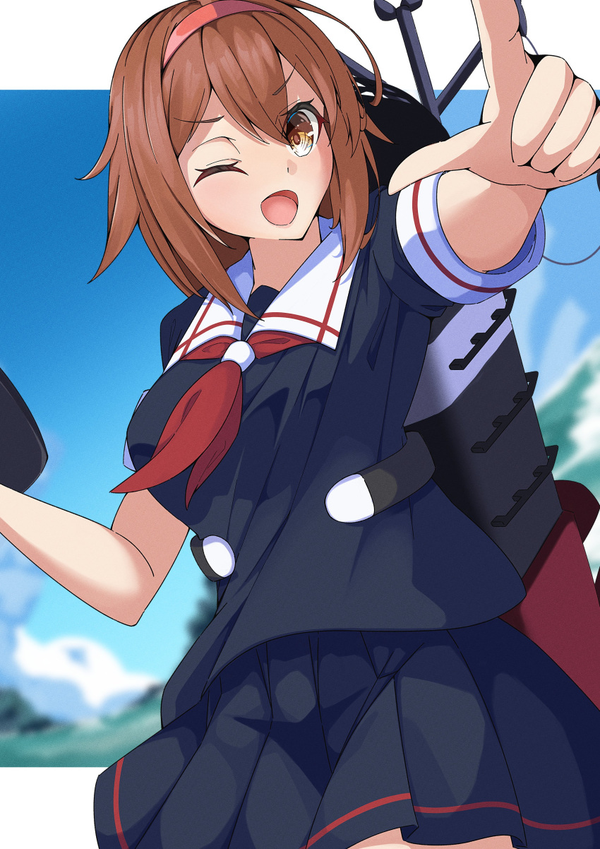 1girl absurdres black_serafuku blurry blurry_background blush breasts brown_eyes brown_hair cloud cloudy_sky day hair_flaps hair_over_shoulder hairband highres kantai_collection kikuchi-shoogo looking_at_viewer machinery mast medium_breasts neckerchief ocean one_eye_closed open_mouth red_hairband red_neckerchief rigging sailor_collar school_uniform serafuku shiratsuyu_(kancolle) short_hair skirt sky smile smokestack turret water