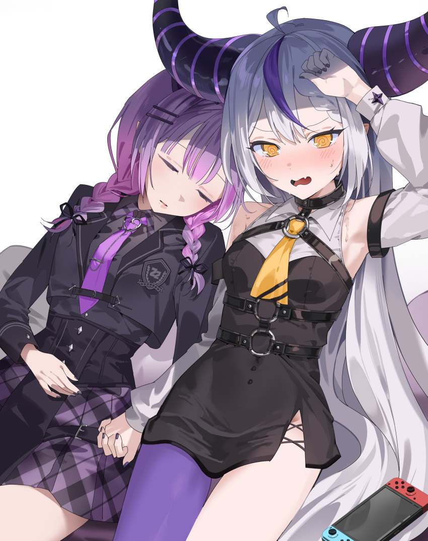 2girls @_@ absurdres ahoge arm_up armpits ascot black_dress black_nails black_shirt blush braid chii_(chiiriring) closed_eyes closed_mouth commentary demon_girl demon_horns demon_tail detached_sleeves dress fingernails hair_ornament hairclip handheld_game_console highres hololive horns huge_horns la+_darknesss long_sleeves looking_ahead low_twin_braids multiple_girls nail_polish necktie official_alternate_costume official_alternate_hairstyle open_mouth plaid plaid_skirt pleated_skirt puffy_long_sleeves puffy_sleeves purple_hair purple_necktie purple_skirt shirt simple_background skirt sleeveless sleeveless_dress striped_horns sweat symbol-only_commentary tail tokoyami_towa tokoyami_towa_(school_uniform) twin_braids virtual_youtuber white_background yellow_ascot yellow_eyes