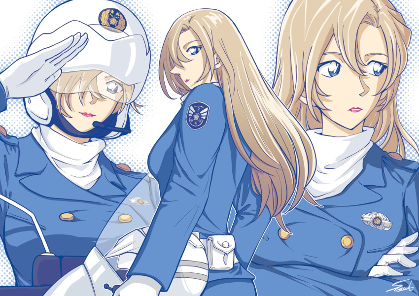 1girl blonde_hair blue_eyes blue_jacket buttons commentary_request crossed_arms hagiwara_chihaya hair_between_eyes helmet highres jacket long_hair looking_at_viewer looking_back looking_to_the_side meitantei_conan motorcycle_helmet multiple_views police police_uniform policewoman salute simple_background sooma4869 turtleneck uniform