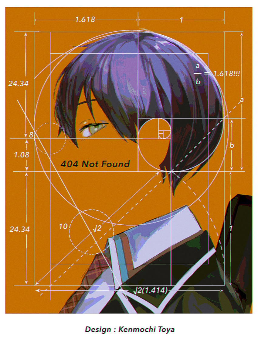 1boy 404 argyle_clothes argyle_necktie azuma_kurumi black_jacket blazer border character_name closed_mouth collared_shirt dotted_line expressionless from_side geometry golden_spiral green_eyes highres http_status_code invisible jacket kenmochi_touya kenmochi_touya_(1st_costume) looking_at_viewer looking_to_the_side male_focus measurements necktie nijisanji open_clothes open_jacket orange_background portrait profile purple_hair red_necktie shirt short_hair solo white_border white_shirt