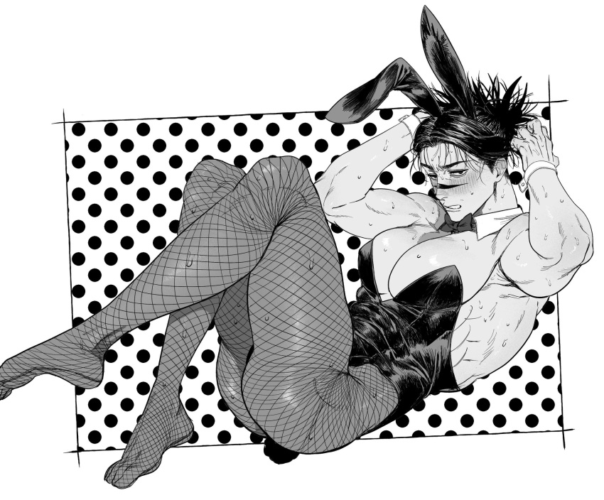 1boy animal_ear_hairband animal_ears bare_shoulders barefoot black_eyes black_hair blush bow bowtie choso_(jujutsu_kaisen) clenched_teeth detached_collar ear_blush embarrassed fake_animal_ears fishnet_pantyhose fishnets from_side full_body greyscale hairband hands_on_own_head highres jujutsu_kaisen knees_up large_pectorals leaning_back light_frown looking_at_viewer male_focus male_playboy_bunny monochrome muscular muscular_male pantyhose pectoral_cleavage pectorals rabbit_ear_hairband rabbit_ears simple_background solo sweatdrop teeth uoru1_juju wrist_cuffs yaoi