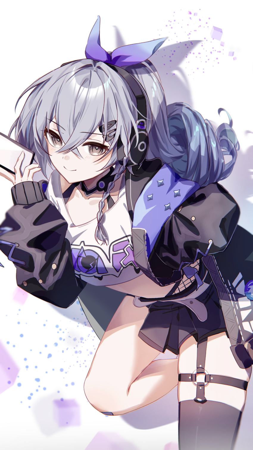 1girl black_jacket black_shirt black_thighhighs braid closed_mouth commentary_request cropped_shirt drill_hair drill_ponytail foot_out_of_frame grey_eyes grey_hair hand_up headphones highres holding holding_phone honkai:_star_rail honkai_(series) jacket karamaru626 long_hair looking_at_viewer open_clothes open_jacket phone shirt silver_wolf_(honkai:_star_rail) single_braid single_drill single_thighhigh smile solo t-shirt thighhighs white_shirt