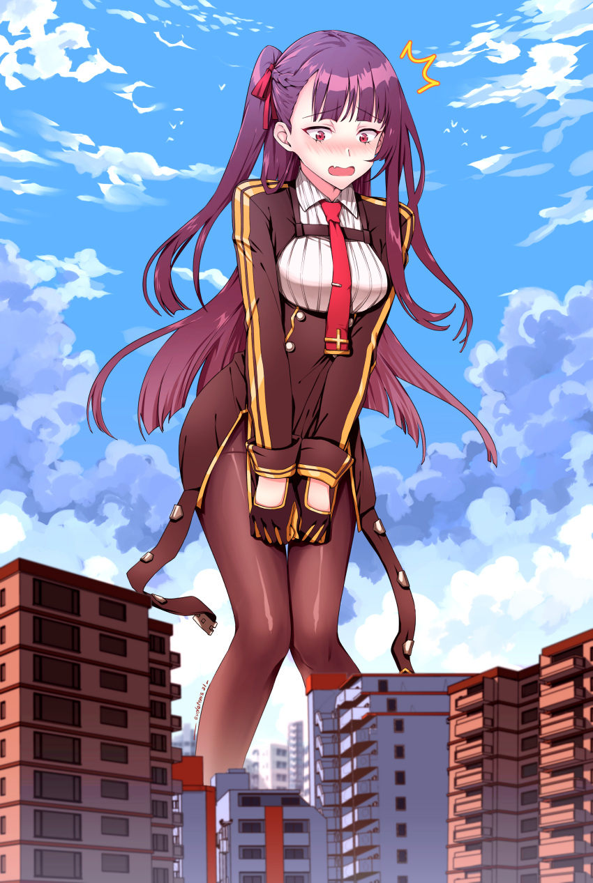 1girl absurdres artist_name bangs black_gloves black_jacket black_legwear black_skirt blazer blue_sky blush building city cloud commentary_request commission day eudetenis eyebrows_visible_through_hair giant giantess girls'_frontline gloves hair_ribbon half_updo high-waist_skirt highres jacket long_hair long_sleeves necktie one_side_up open_mouth pantyhose purple_hair red_eyes red_necktie red_ribbon ribbon skirt sky solo surprised wa2000_(girls'_frontline)