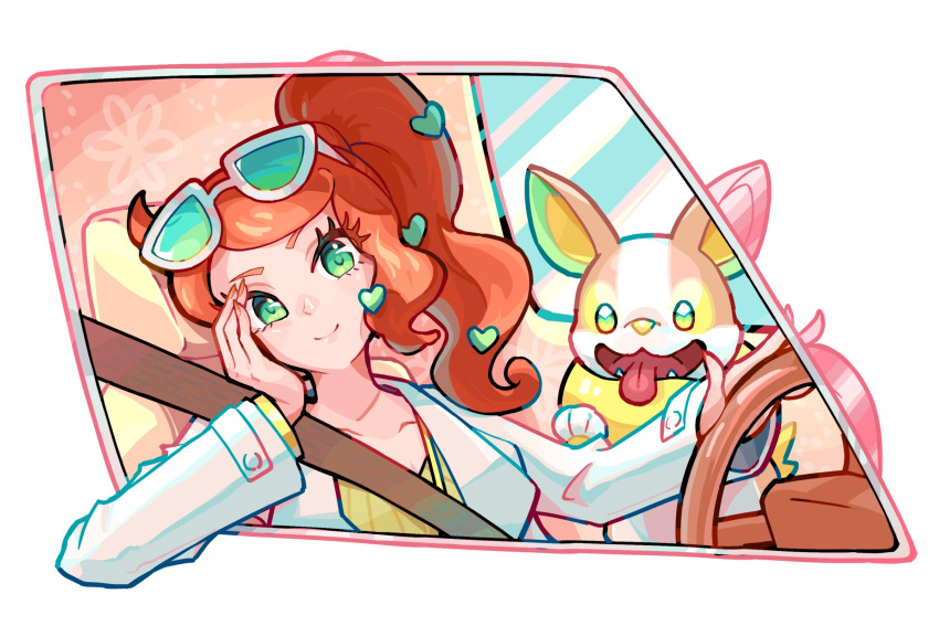 1girl closed_mouth coat eyelashes eyewear_on_head ffccll green_eyes hair_ornament heart heart_hair_ornament highres long_sleeves looking_at_viewer official_alternate_color orange_hair pokemon pokemon_(creature) pokemon_masters_ex seatbelt side_ponytail smile sonia_(pokemon) steering_wheel upper_body white_coat yamper