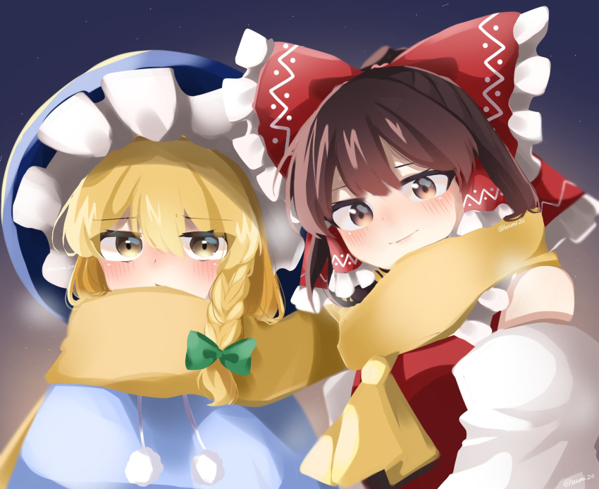 2girls ascot blonde_hair blush bow braid brown_eyes brown_hair closed_mouth commentary_request detached_sleeves frilled_bow frilled_hair_tubes frills green_bow hair_bow hair_tubes hakurei_reimu hasumi_suzuna highres kirisame_marisa long_hair multiple_girls red_bow scarf shared_clothes shared_scarf side_braid single_braid smile touhou yellow_ascot yellow_eyes yellow_scarf yuri