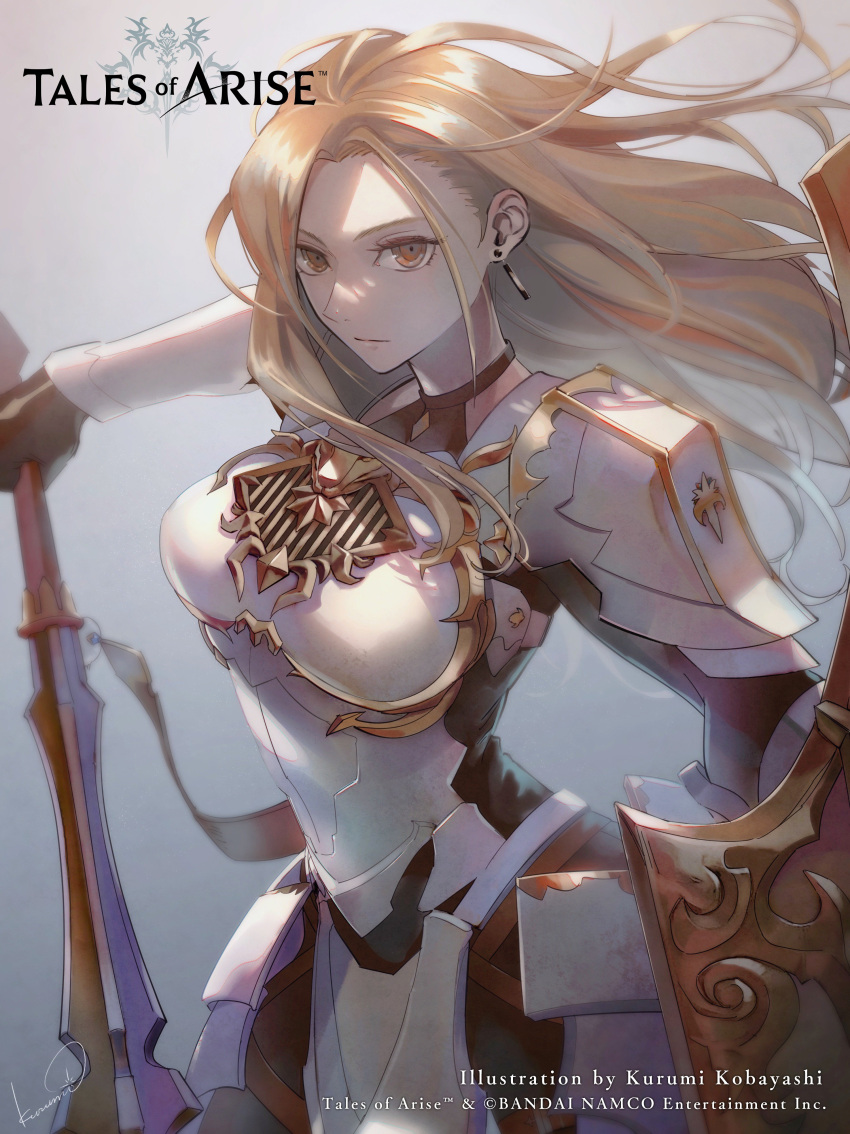 1girl absurdres armor back_cutout blonde_hair bodysuit boobplate breastplate brown_eyes clothing_cutout copyright_name dangle_earrings earrings gauntlets gloves gold_neckwear highres holding holding_shield holding_weapon jewelry kisara_(tales) knight kurumi_kobayashi long_hair looking_at_viewer mace official_art pauldrons shield shoulder_armor solo tales_of_(series) tales_of_arise weapon